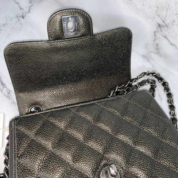 ββ CHANEL 17S Metallic Charcoal Square Classic Caviar Mini Quilt Flap Bag CC RHW - Picture 12 of 17